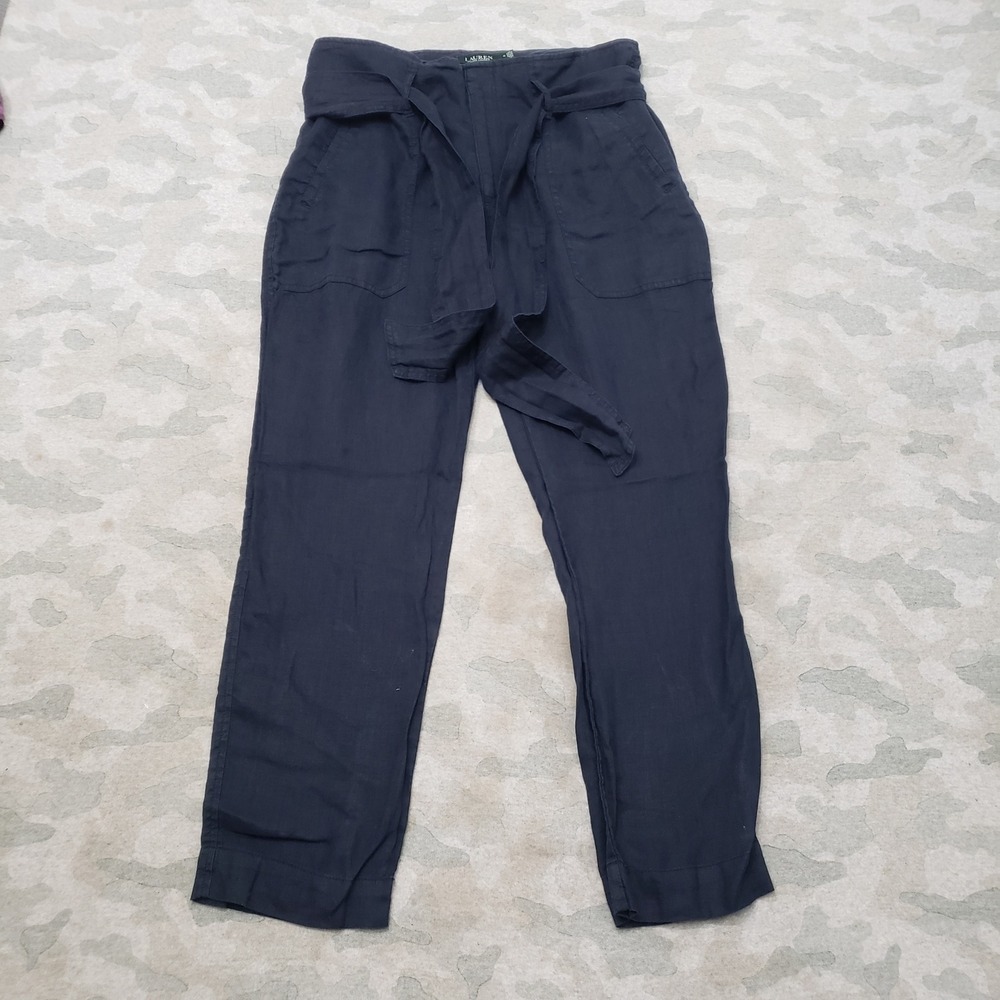 Lauren Ralph Lauren Pants Womens 10 Blue Linen Paperbag Waist Tie Straight Leg
